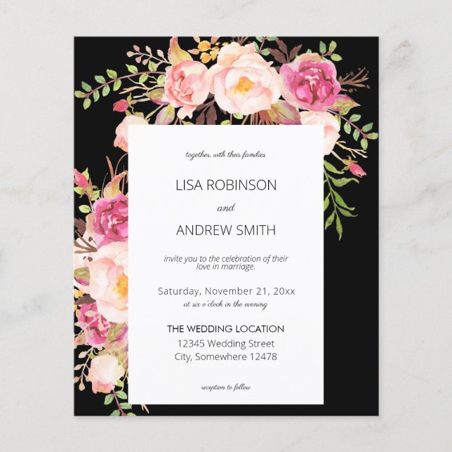 Budget Pink Blush Bloral Black V2 Wedding Flyer (Vorne)