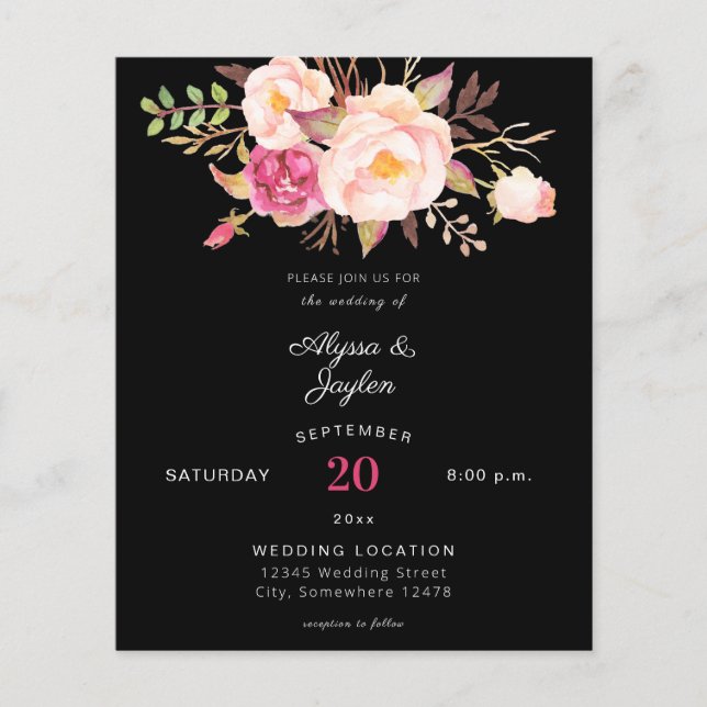 Budget Pink Blush Bloral Black Wedding Flyer (Vorne)