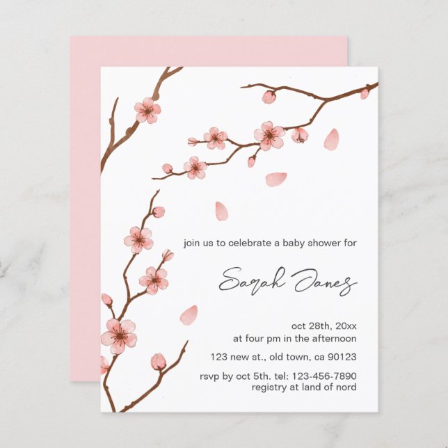 Budget Pink Cherry Blossom Kinderdusche Einladung (Vorne/Hinten)