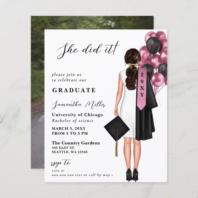 Budget Pink Einfaches Foto Sie tat es Abschluss (Vorne/Hinten)