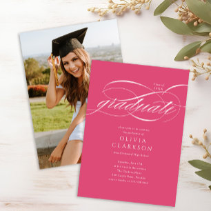 Budget Pink Elegant Script Foto Graduation Party Einladung