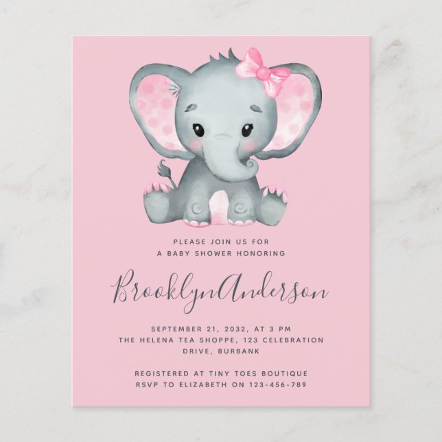 BUDGET Pink Elephant Baby Dusche Einladung (Vorderseite)