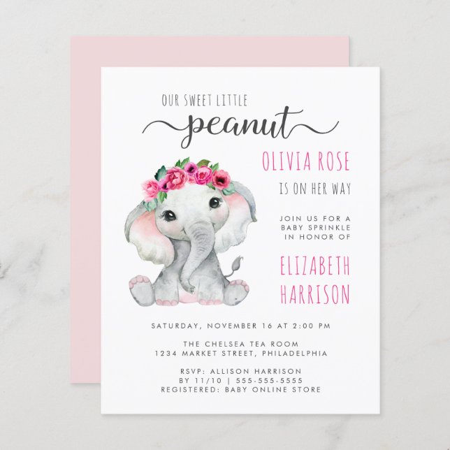 Budget Pink Elephant Watercolor Baby Sprinkle (Vorne/Hinten)