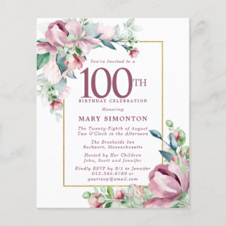 Budget Pink Floral 100. Geburtstag Einladung
