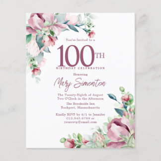 Budget Pink Floral 100. Geburtstag Einladung