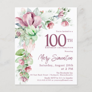 Budget Pink Floral 100. Geburtstag Einladung