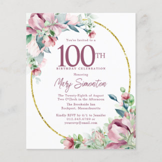 Budget Pink Floral 100. Geburtstag Einladung
