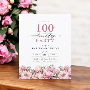 Budget Pink Floral 100. Geburtstag Einladung