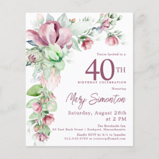 Budget Pink Floral 40. Geburtstag Einladung