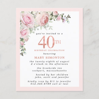 Budget Pink Floral 40. Geburtstag Einladung