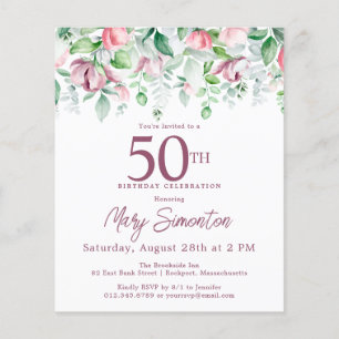 Budget Pink Floral 50. Geburtstag Einladung