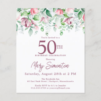 Budget Pink Floral 50. Geburtstag Einladung