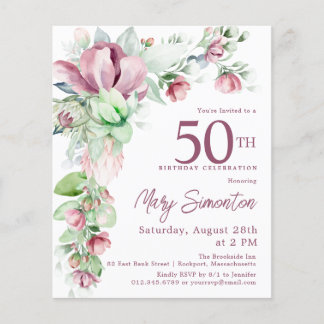 Budget Pink Floral 50. Geburtstag Einladung