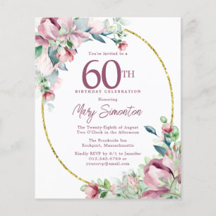 Budget Pink Floral 60. Geburtstag Einladung