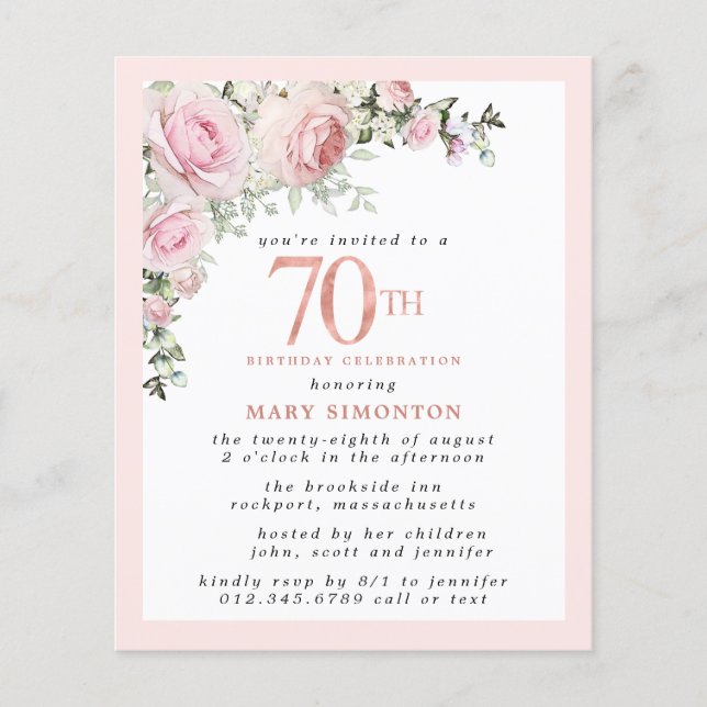 Budget Pink Floral 70. Geburtstag (Vorderseite)