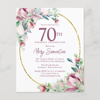Budget Pink Floral 70. Geburtstag Einladung