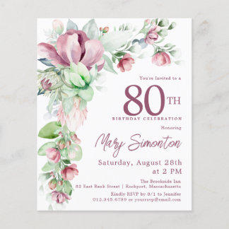 Budget Pink Floral 80. Geburtstag Einladung