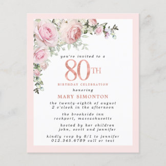Budget Pink Floral 80. Geburtstag Einladung