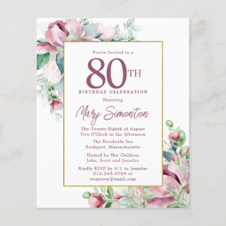 Budget Pink Floral 80. Geburtstag Einladung