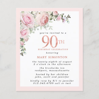 Budget Pink Floral 90. Geburtstag Einladung