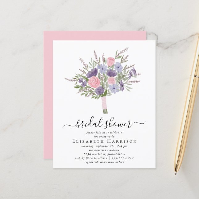 Budget Pink Floral Bouquet Brautparty Einladung (Vorderseite/Rückseite Beispiel)