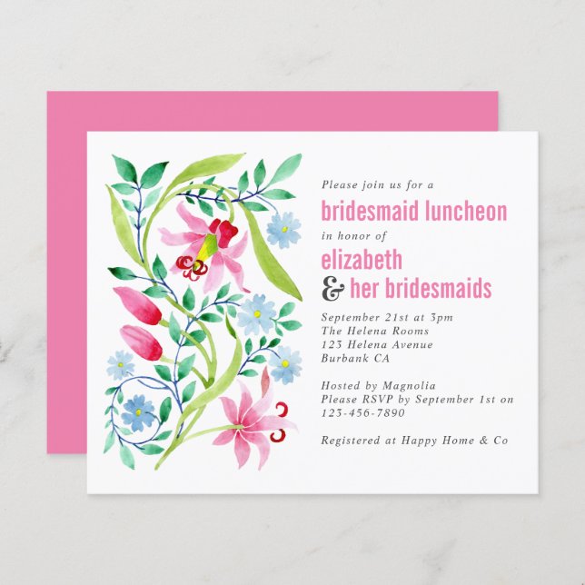 Budget Pink Floral Bridesmaid Luncheon Einladung (Vorne/Hinten)