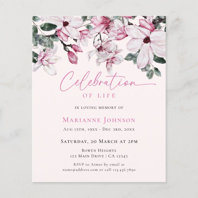 Budget Pink floral Gedenkfeier zum Leben Flyer (Vorne)