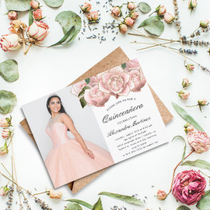 Budget Pink Floral Quinceanera Foto Einladung Flyer