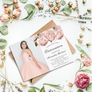 Budget Pink Floral Quinceanera Foto Einladung Flyer