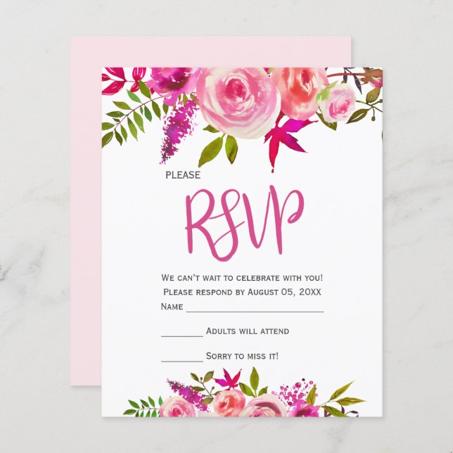 Budget Pink Fuchsia Botanical Floral Wedding RSVP (Vorne/Hinten)