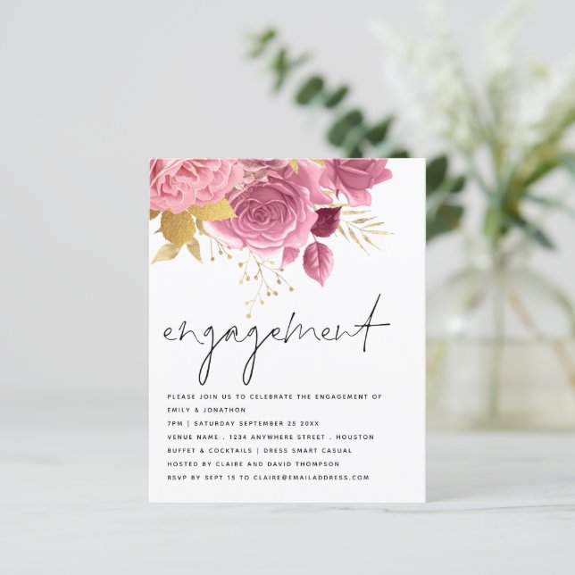 Budget Pink Gold Florals Engagement Party einladen (Stehend Vorderseite)