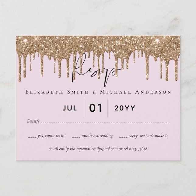BUDGET Pink Gold Glitzer Hochzeit RSVP Postkarte (Vorderseite)