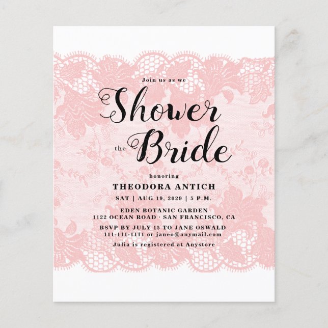 Budget Pink Lace Bridal Shower Invitation (Vorderseite)