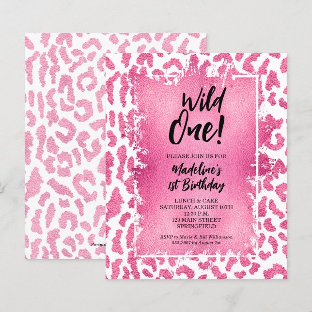 Budget Pink Leopard Wild Einladungen zum 1. Geburt (Vorne/Hinten)