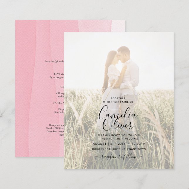 BUDGET Pink Ombre FOTO OVERLAY Wedding Einladungen (Vorne/Hinten)