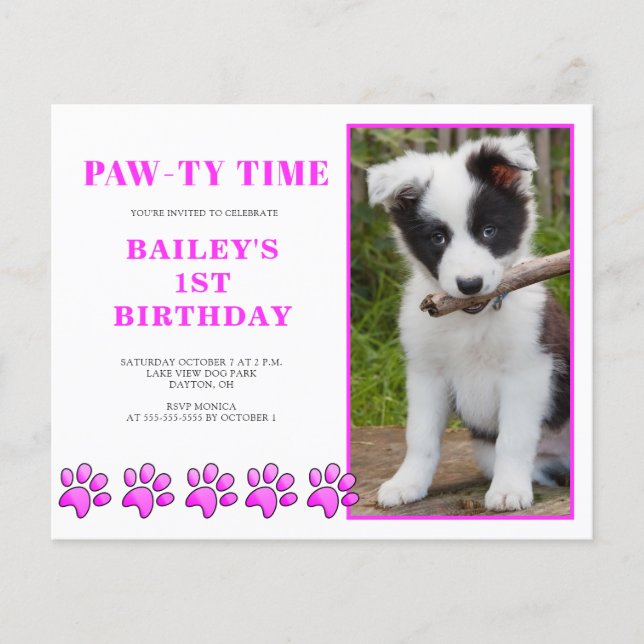 Budget Pink Pawty Time Hund Geburtstag Einladung Flyer (Vorne)