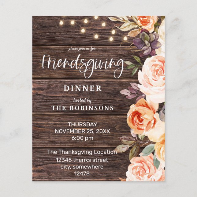 Budget Pink & Peach Floral w Lights Friendsgiving Flyer (Vorne)