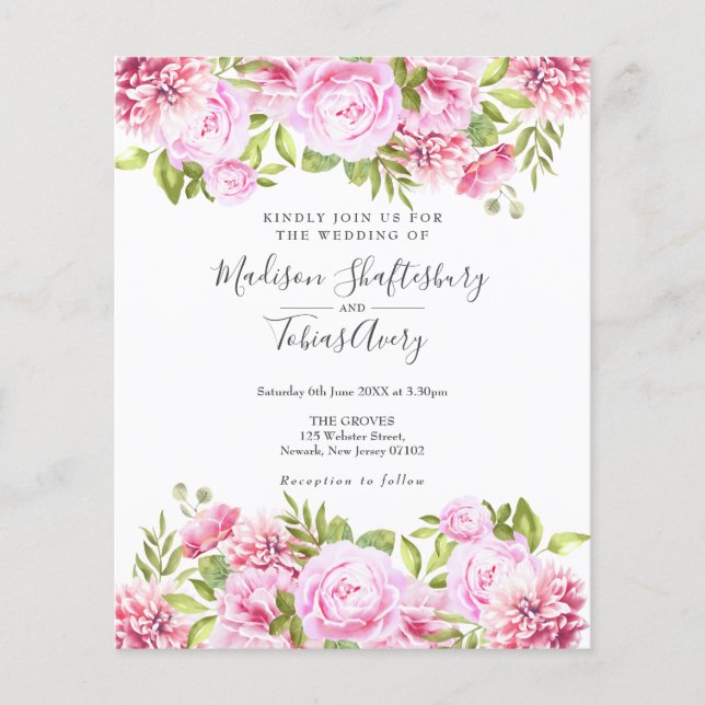 Budget Pink Peony Floral Foto Hochzeit Einladung (Vorderseite)