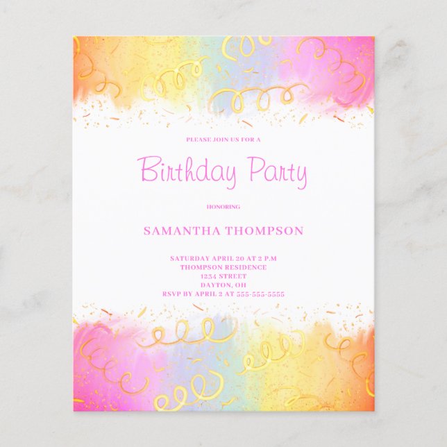 Budget Pink Rainbow Confetti Birthday Einladung (Vorderseite)