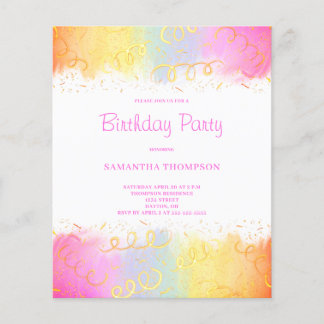 Budget Pink Rainbow Confetti Birthday Einladung Flyer