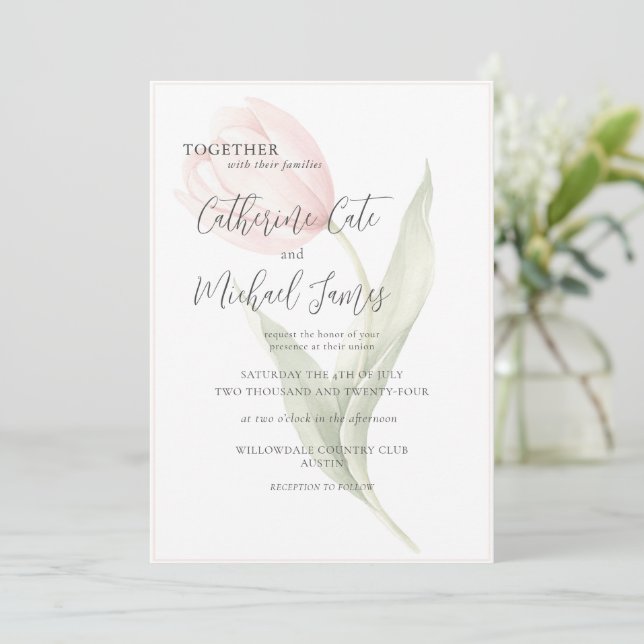 Budget Pink Tulip Floral Elegant Wedding Einladung (Stehend Vorderseite)