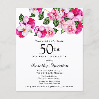 Budget Pink White Floral 50. Geburtstag Einladung