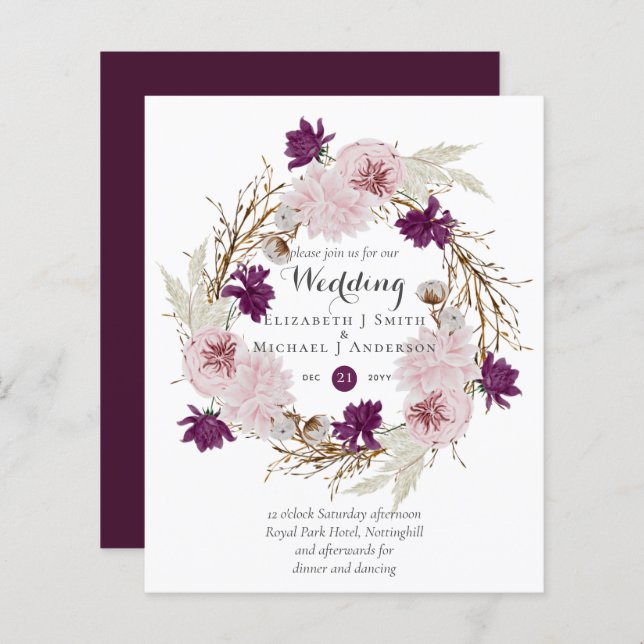 Budget Plum Blooms Blush Wreath Wedites Einladunge (Vorne/Hinten)