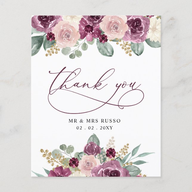 Budget Plum Floral Wedding Danke Karte (Vorderseite)
