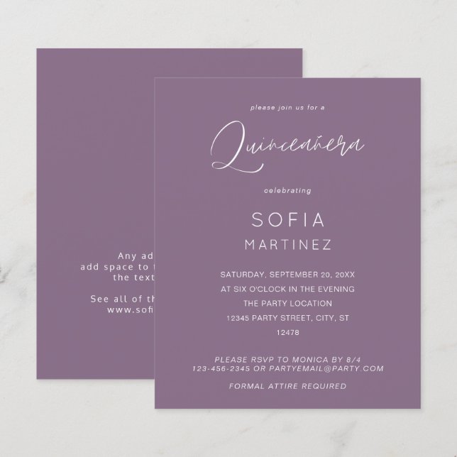 Budget Plum Lila MOD Kalligrafie Quinceanera (Vorne/Hinten)