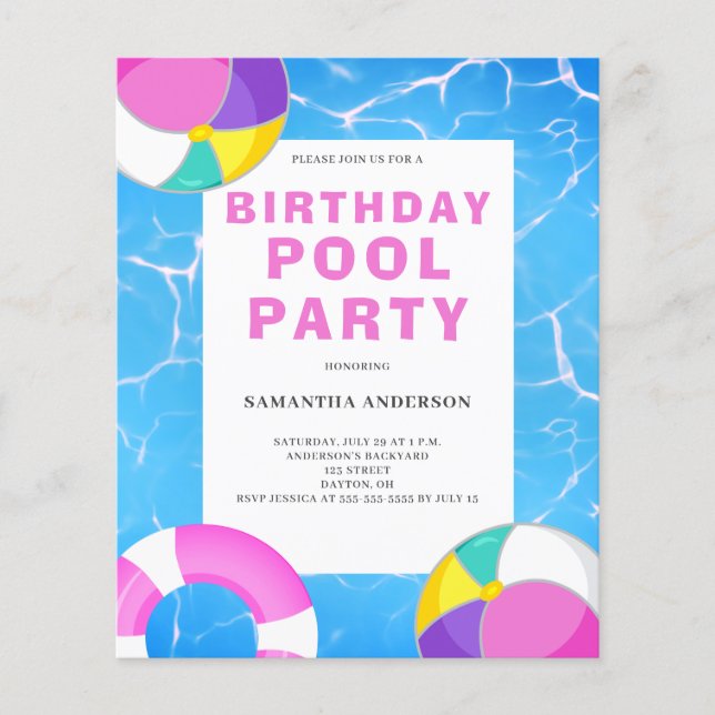 Budget Pool Party Geburtstag Einladung Flyer (Vorne)