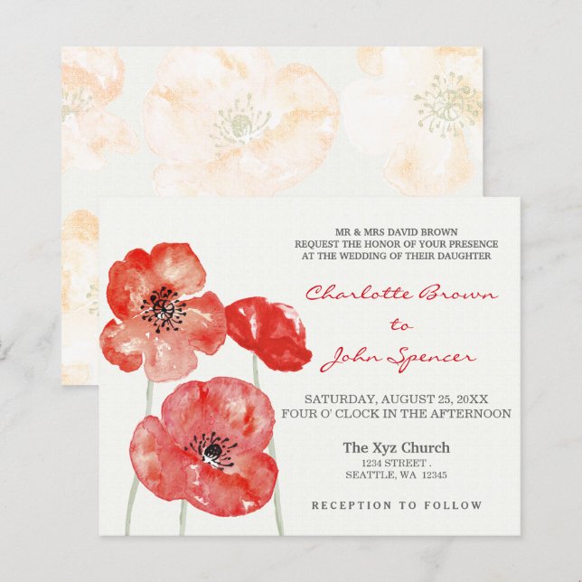 Budget Poppies Moderne Hochzeitseinladungen (Vorne/Hinten)