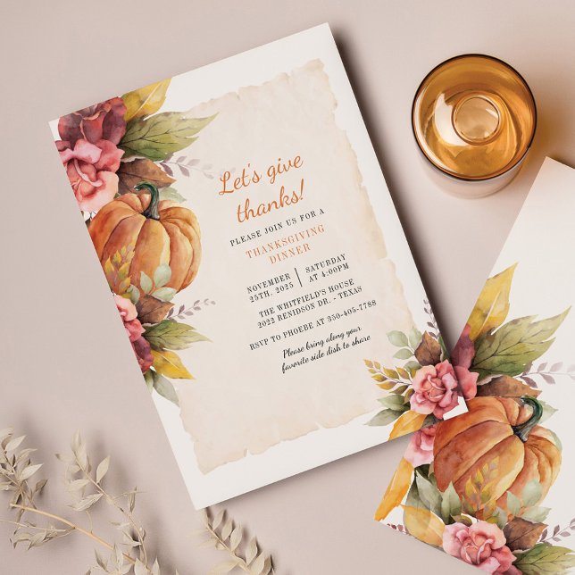 Budget Pumpkin Floral Erntedank Dinner (Fall Floral Pumpkin Thanksgiving Dinner Invitation)