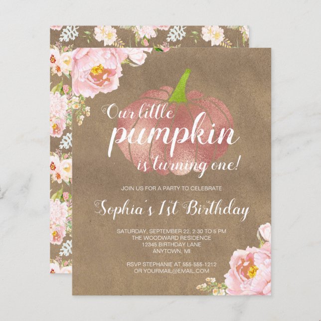 Budget Pumpkin Floral Girl 1. Geburtstag Einladung (Vorne/Hinten)