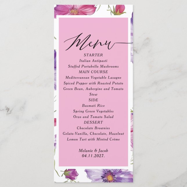Budget Purple and Pink Floral Wedding  Menu Menükarte (Vorderseite)